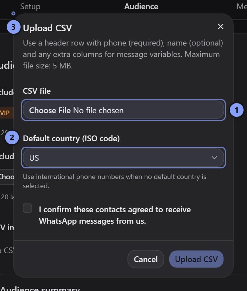 Upload CSV dialog with file marked 1, default country marked 2, and consent checkbox marked 3