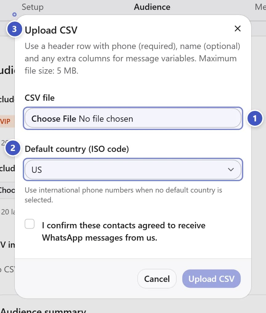 Upload CSV dialog with file marked 1, default country marked 2, and consent checkbox marked 3