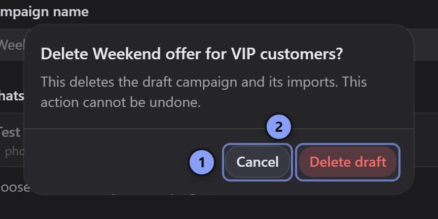 Delete draft dialog with Cancel marked 1 and Delete draft marked 2