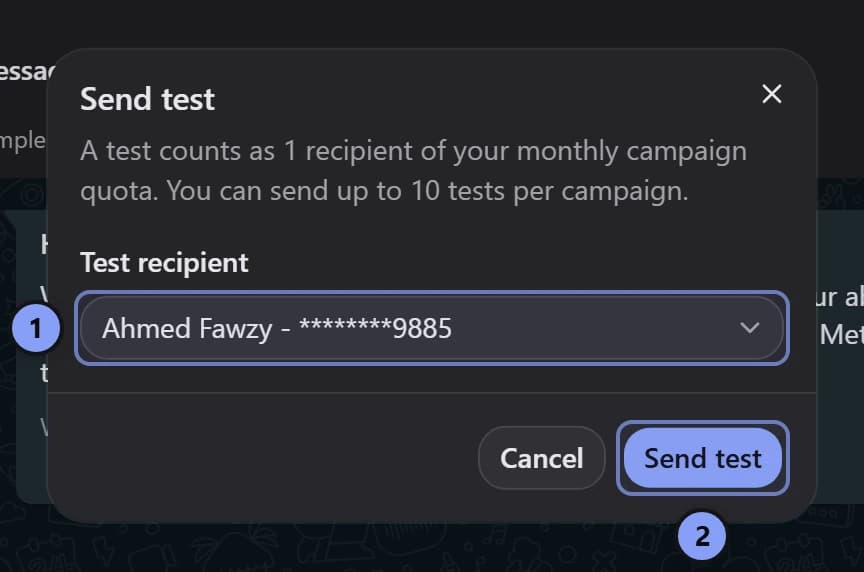 Send test dialog with Test recipient marked 1 and Send test marked 2