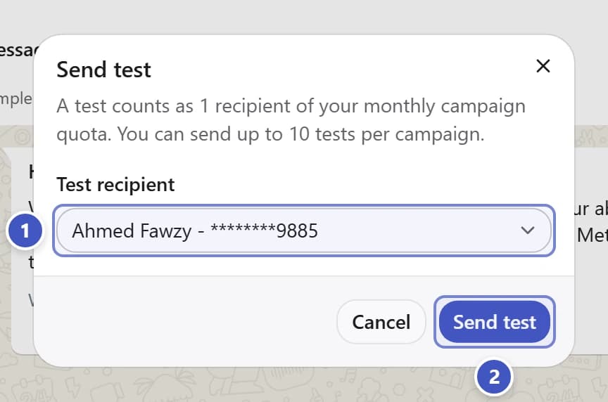 Send test dialog with Test recipient marked 1 and Send test marked 2