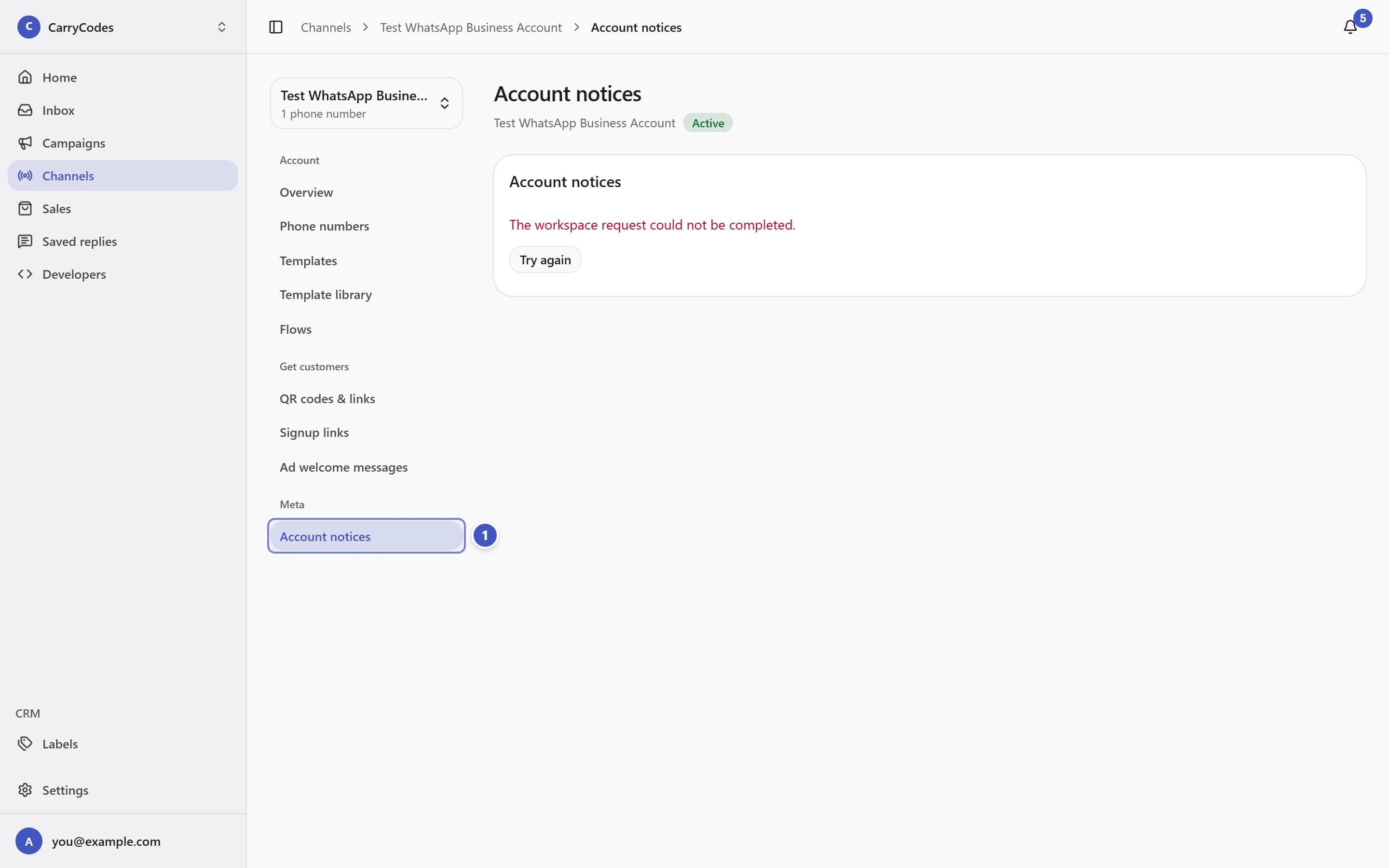 WhatsApp account with Account notices navigation marked 1