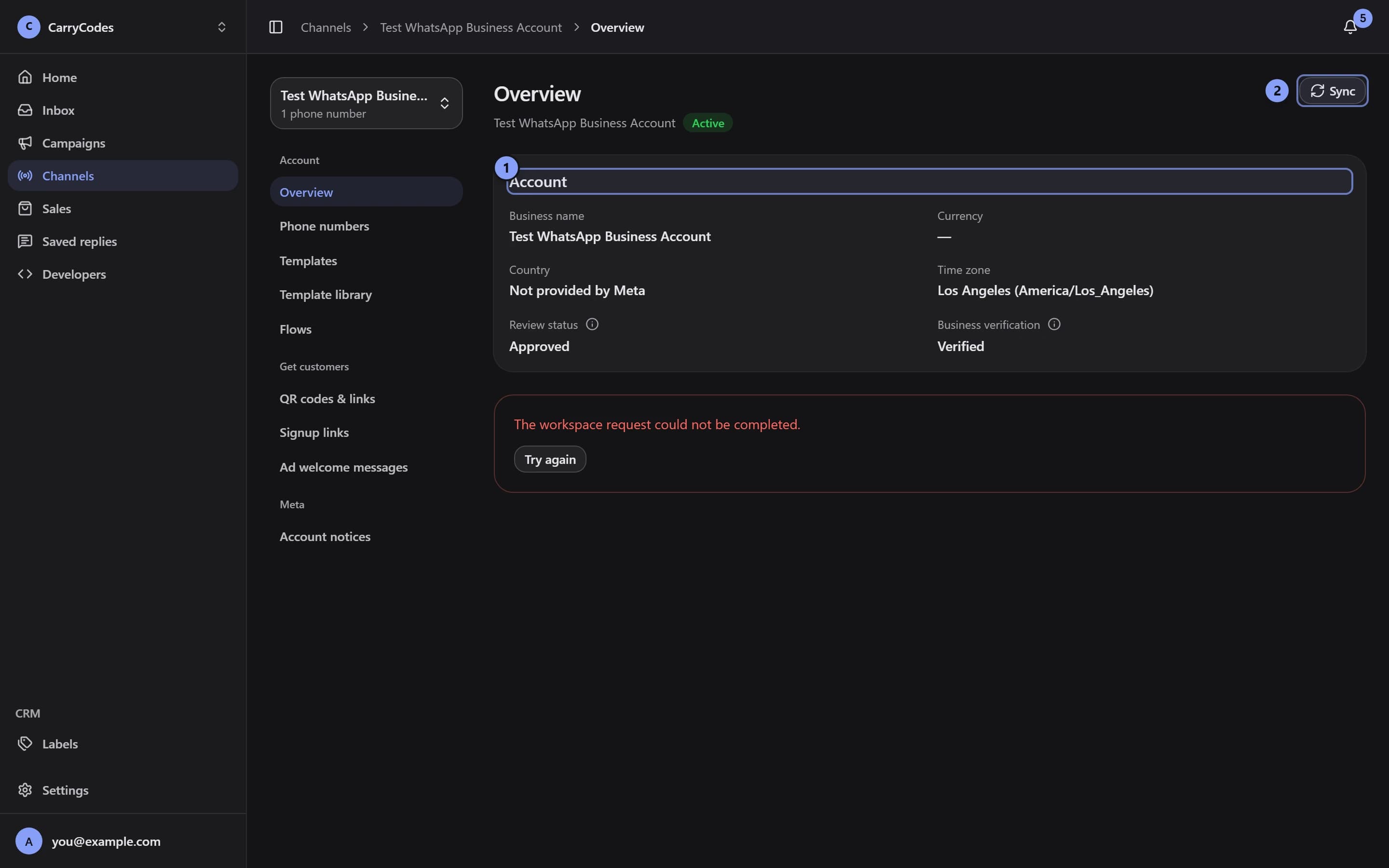 Account Overview with the Account card marked 1 and Sync marked 2