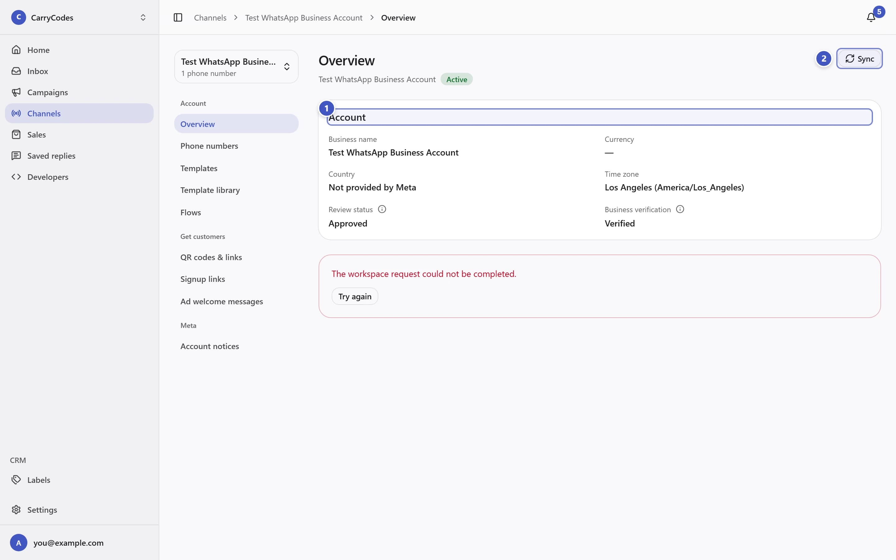 Account Overview with the Account card marked 1 and Sync marked 2
