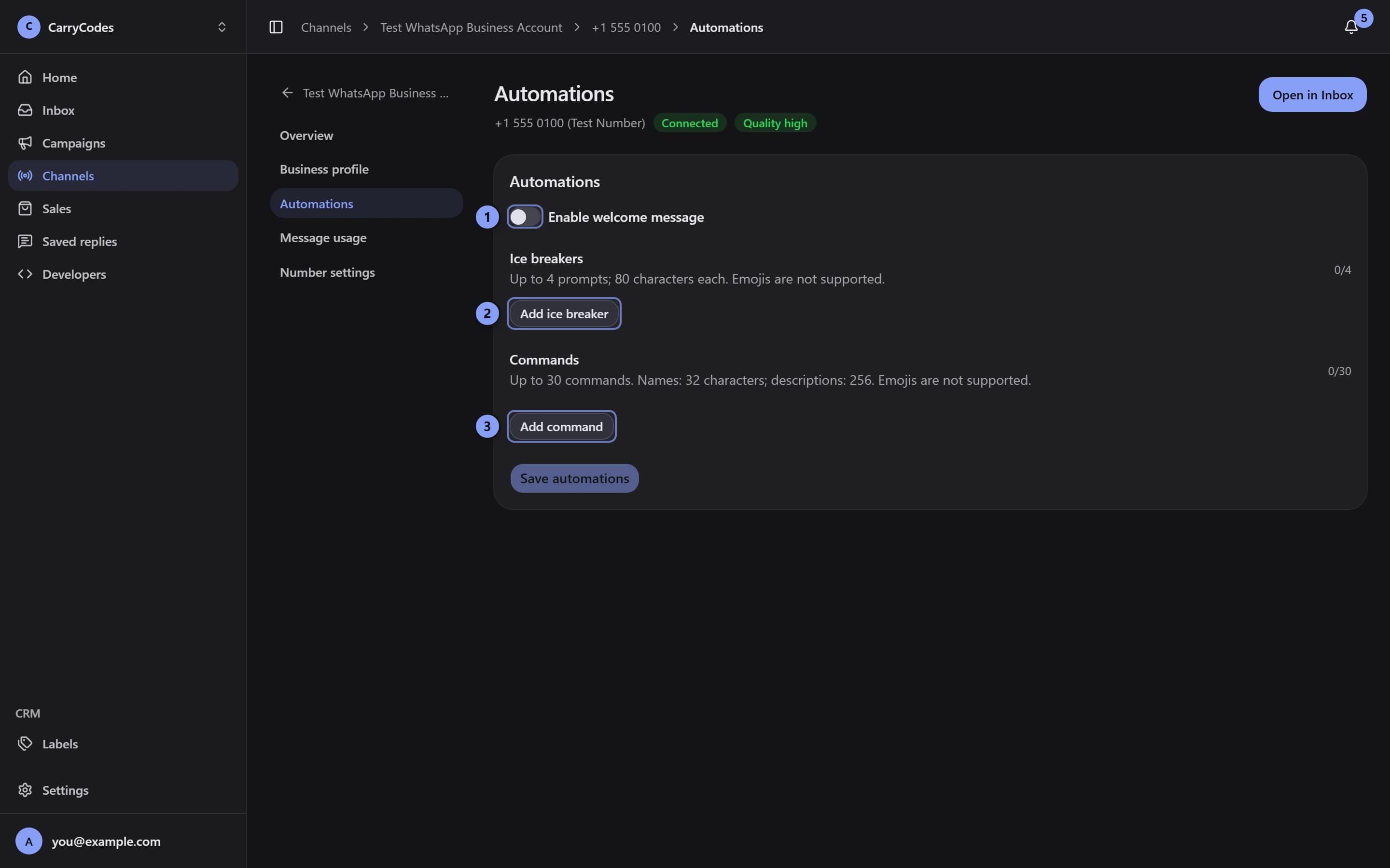 Automations with Enable welcome message marked 1, Add ice breaker marked 2, and Add command marked 3