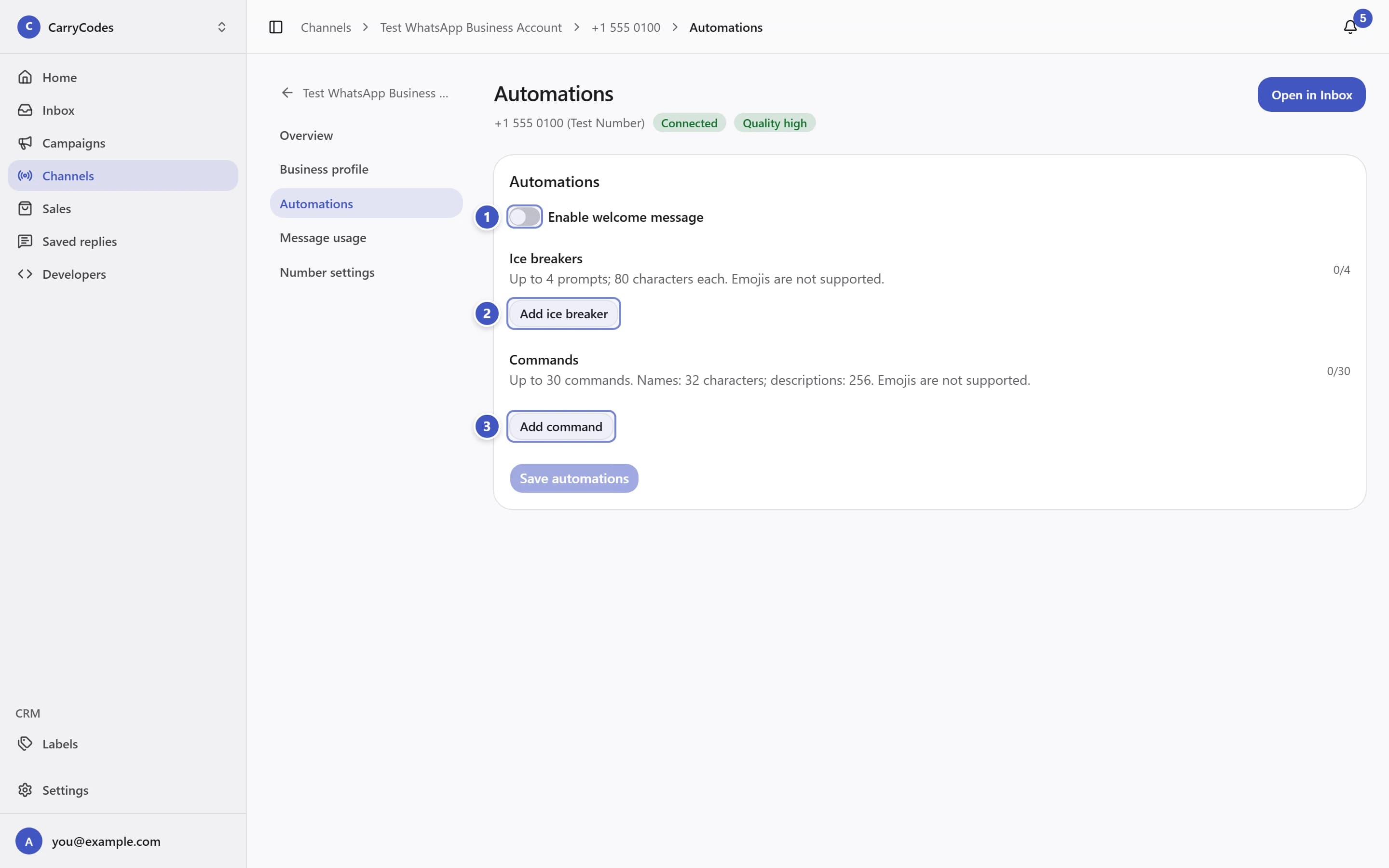 Automations with Enable welcome message marked 1, Add ice breaker marked 2, and Add command marked 3