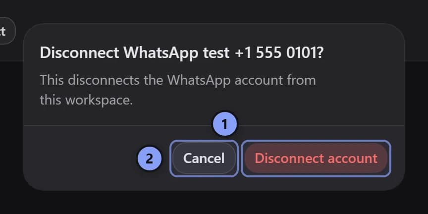 Account disconnect confirmation with Disconnect account marked 1 and Cancel marked 2