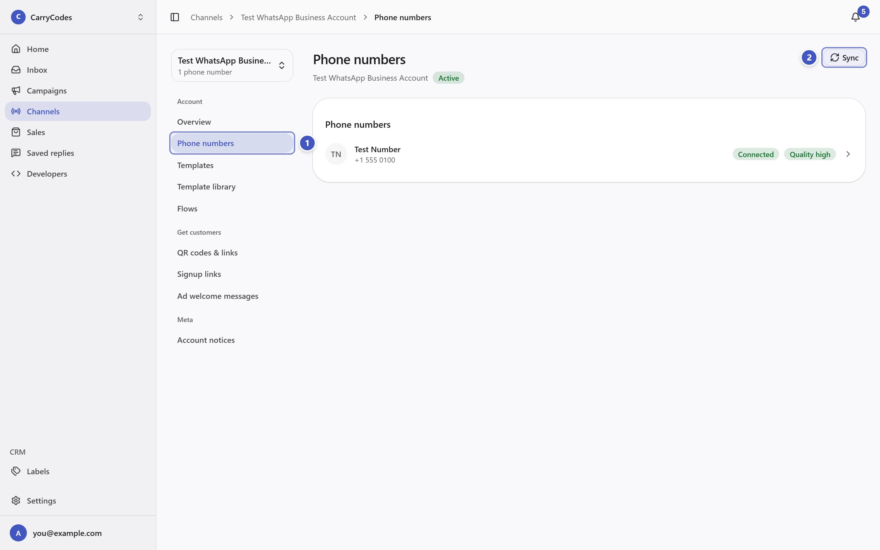 Account Phone numbers page with Phone numbers navigation marked 1 and Sync marked 2