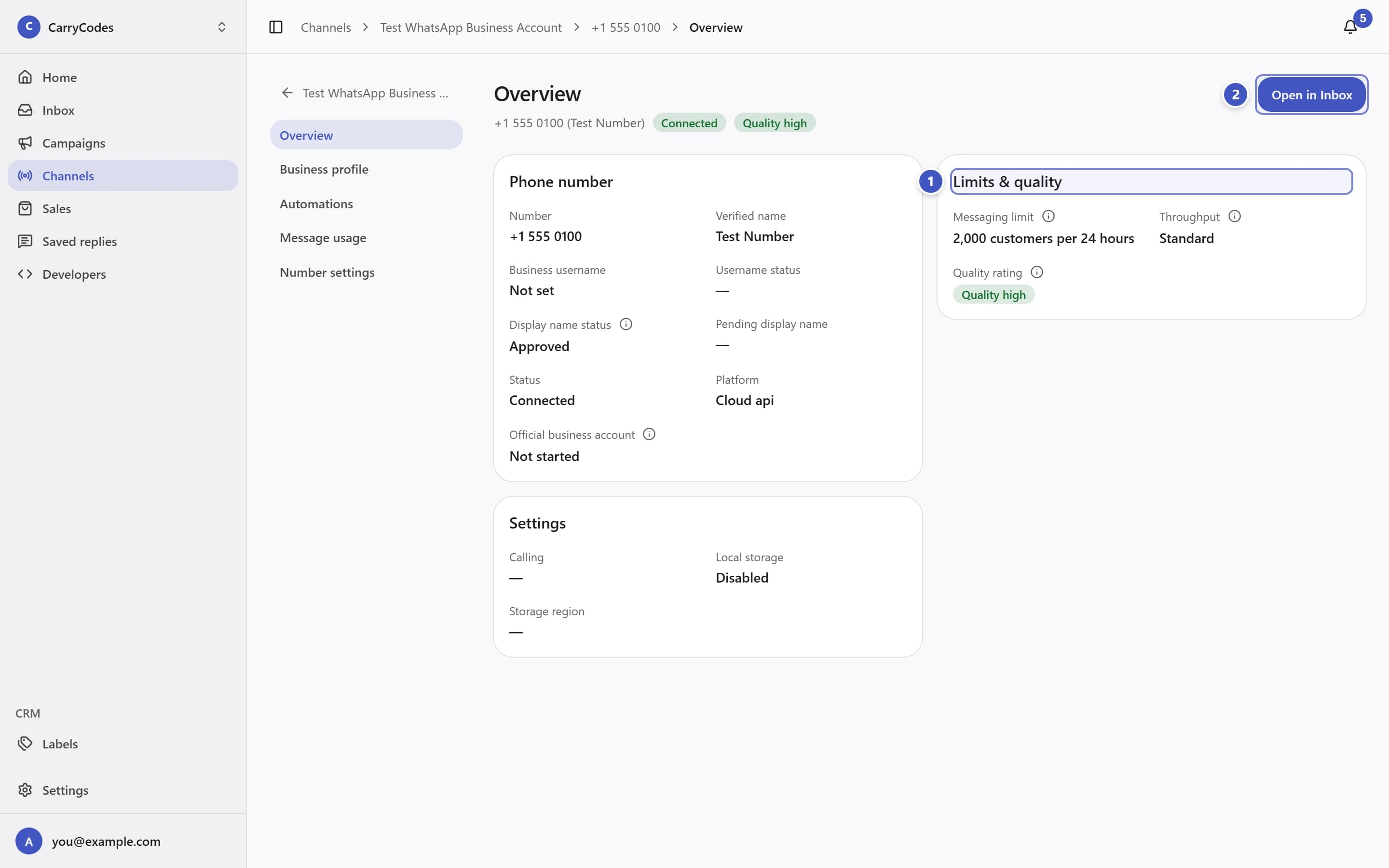 Phone Overview with Limits and quality marked 1 and Open in Inbox marked 2