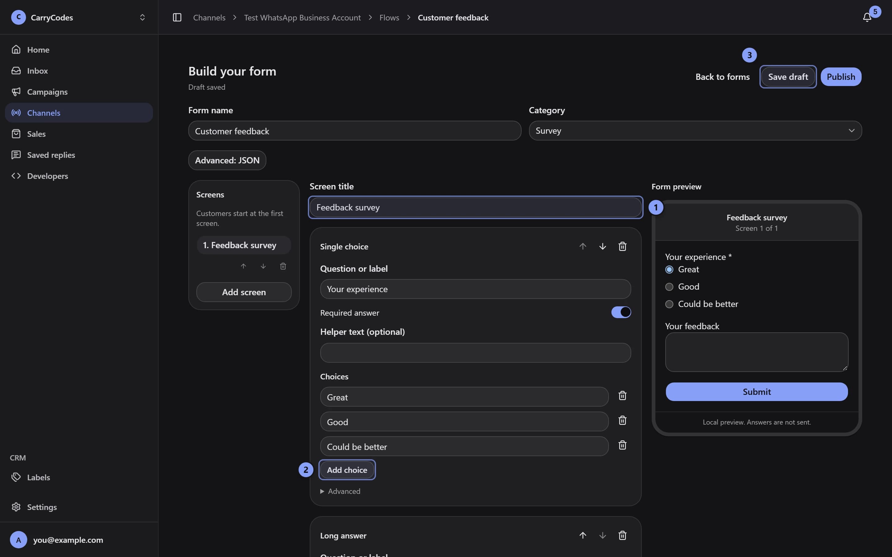 Form builder with Screen title marked 1, Add field marked 2, and Save draft marked 3
