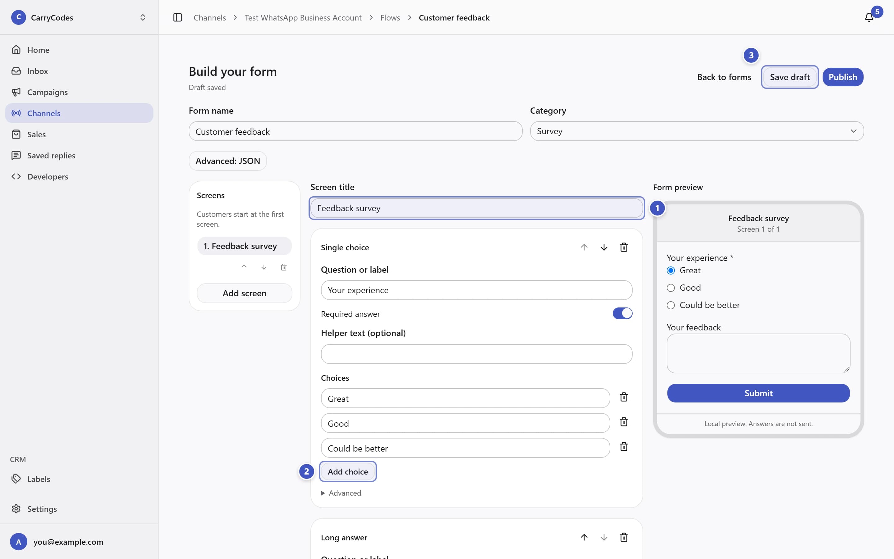 Form builder with Screen title marked 1, Add field marked 2, and Save draft marked 3