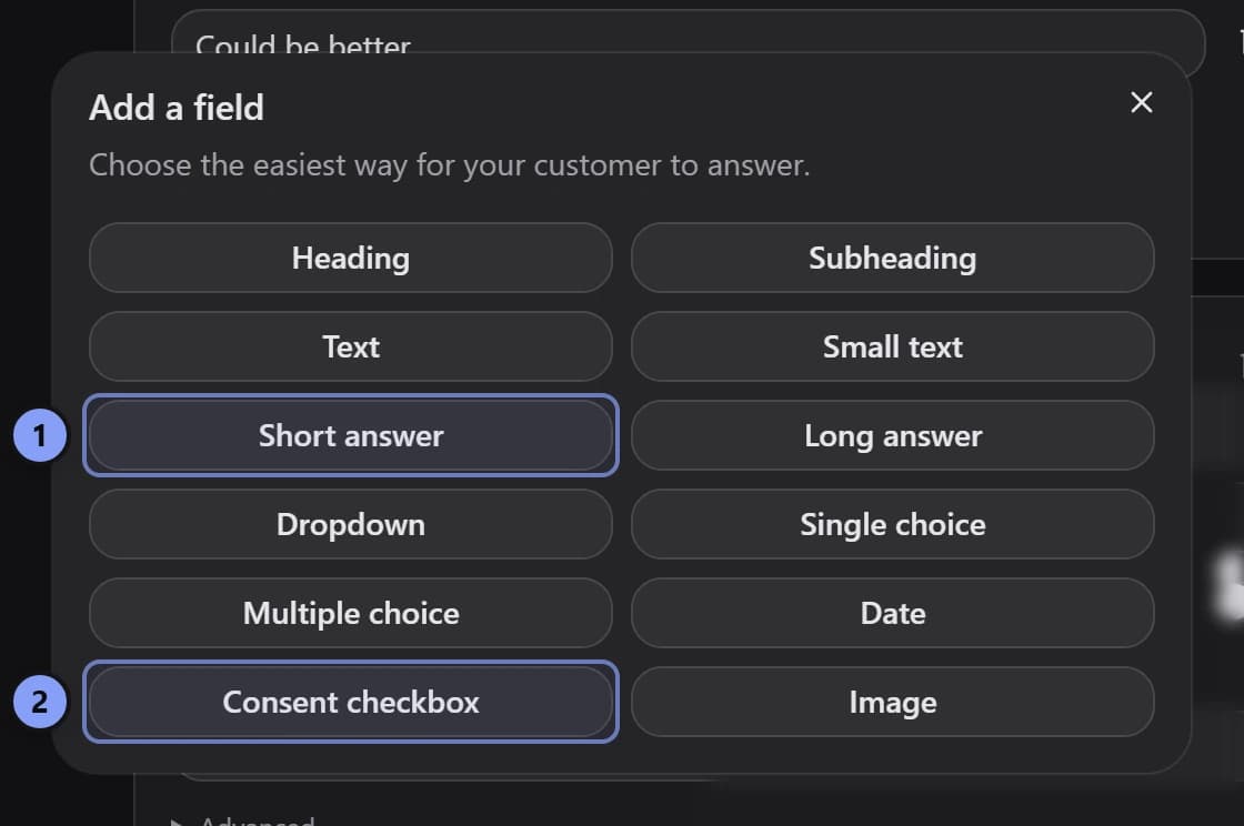 Add a field dialog with Short answer marked 1 and Consent checkbox marked 2