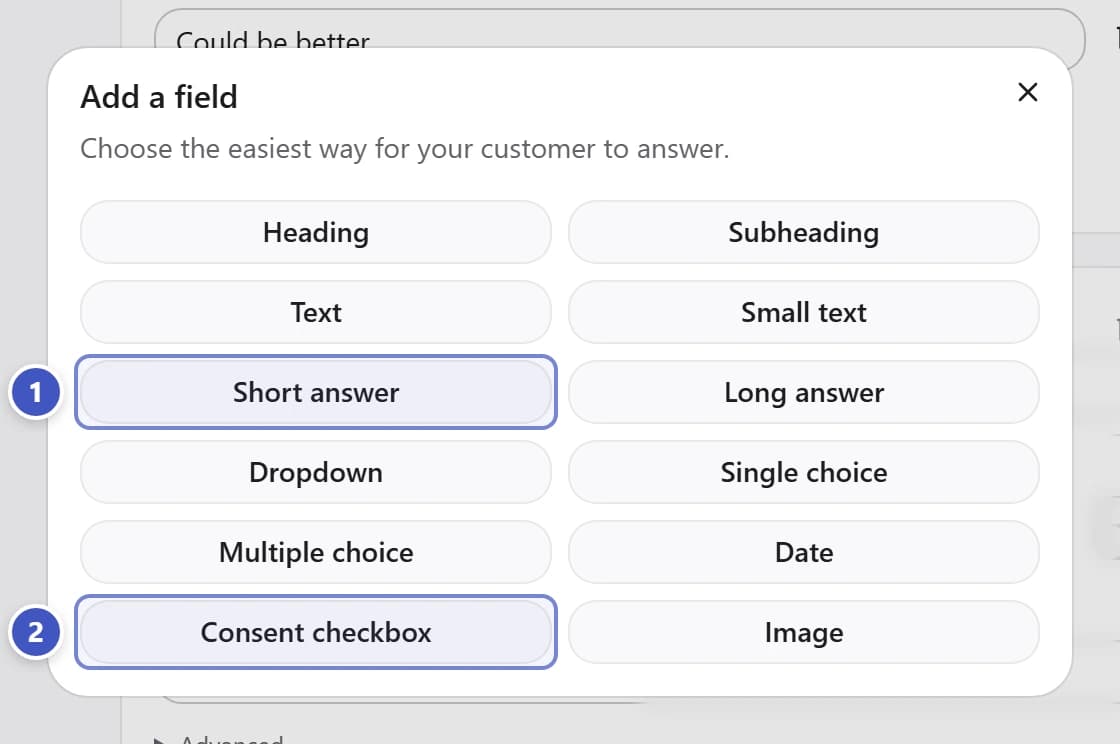 Add a field dialog with Short answer marked 1 and Consent checkbox marked 2