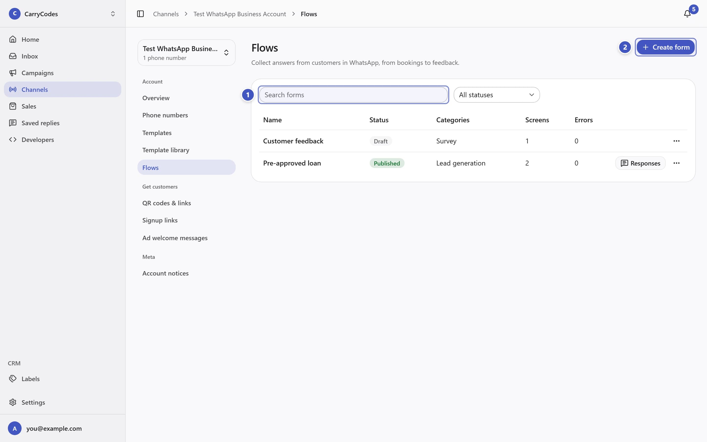 Flows list with Search forms by name marked 1 and Create form marked 2