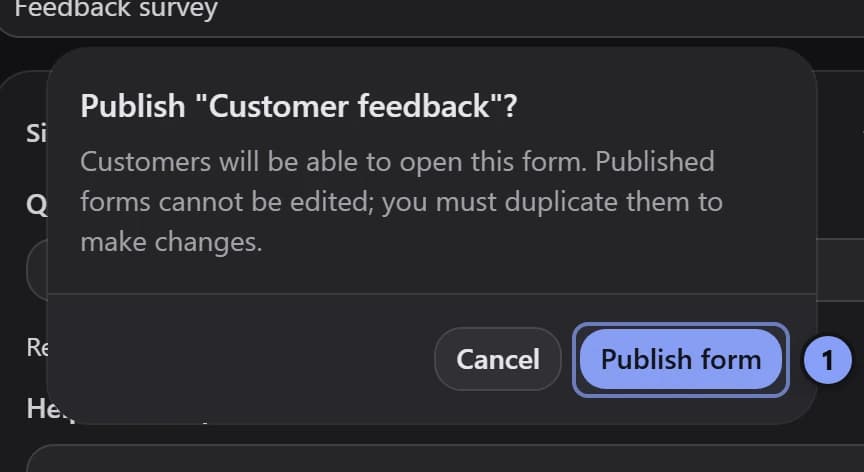 Publish confirmation with Publish form marked 1
