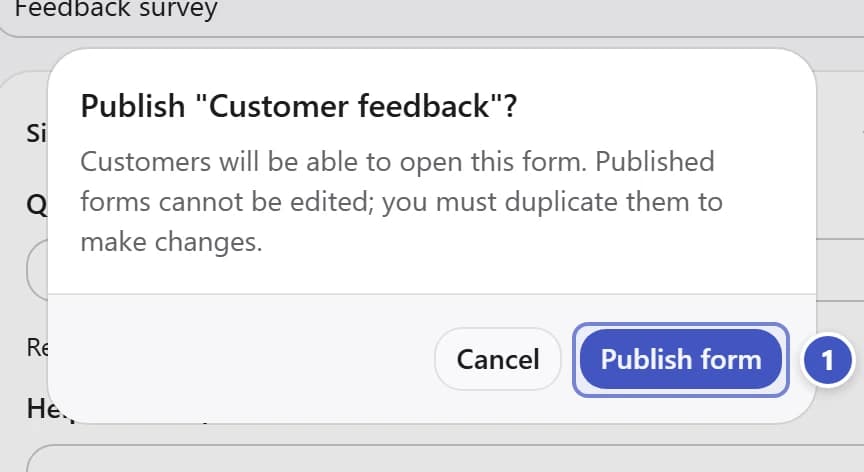 Publish confirmation with Publish form marked 1