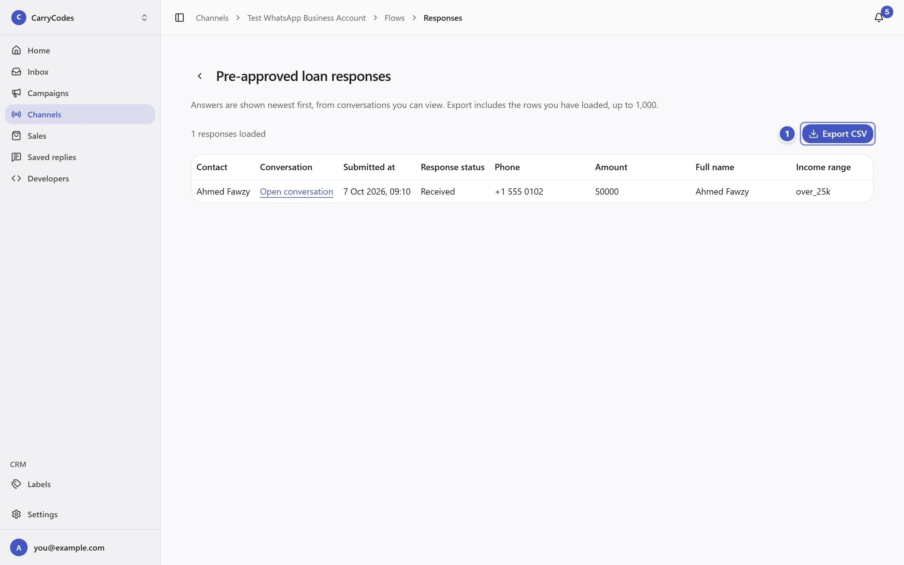 Form responses page with Export CSV marked 1