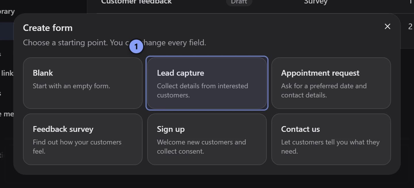 Create form dialog with Lead capture marked 1