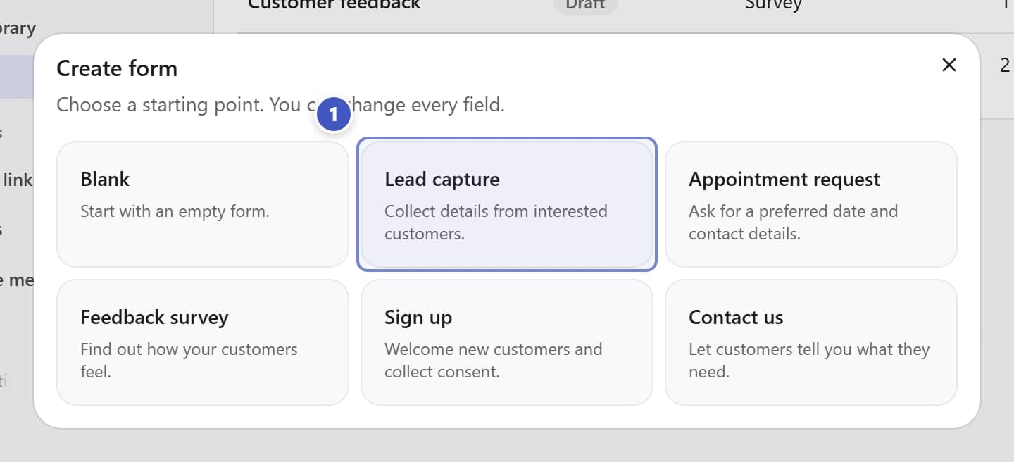 Create form dialog with Lead capture marked 1