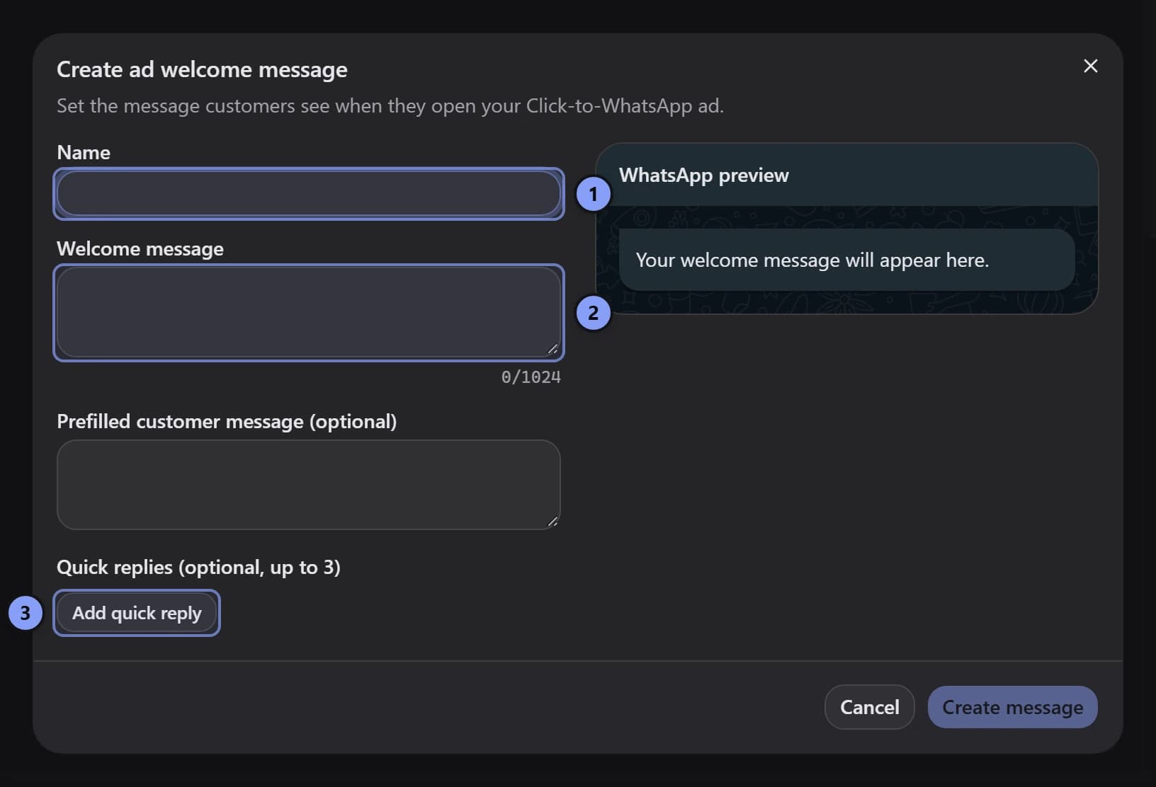 Create ad welcome message dialog with Name marked 1, Welcome message marked 2, and Add quick reply marked 3