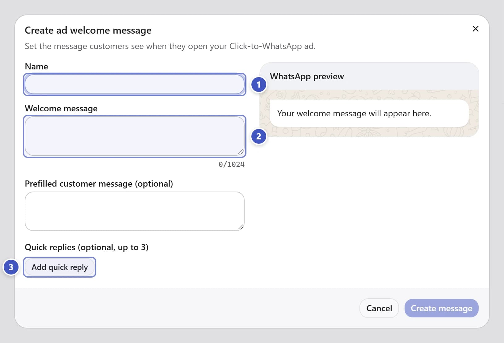 Create ad welcome message dialog with Name marked 1, Welcome message marked 2, and Add quick reply marked 3