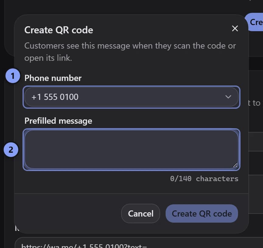 Create QR code dialog with Phone number marked 1 and Prefilled message marked 2