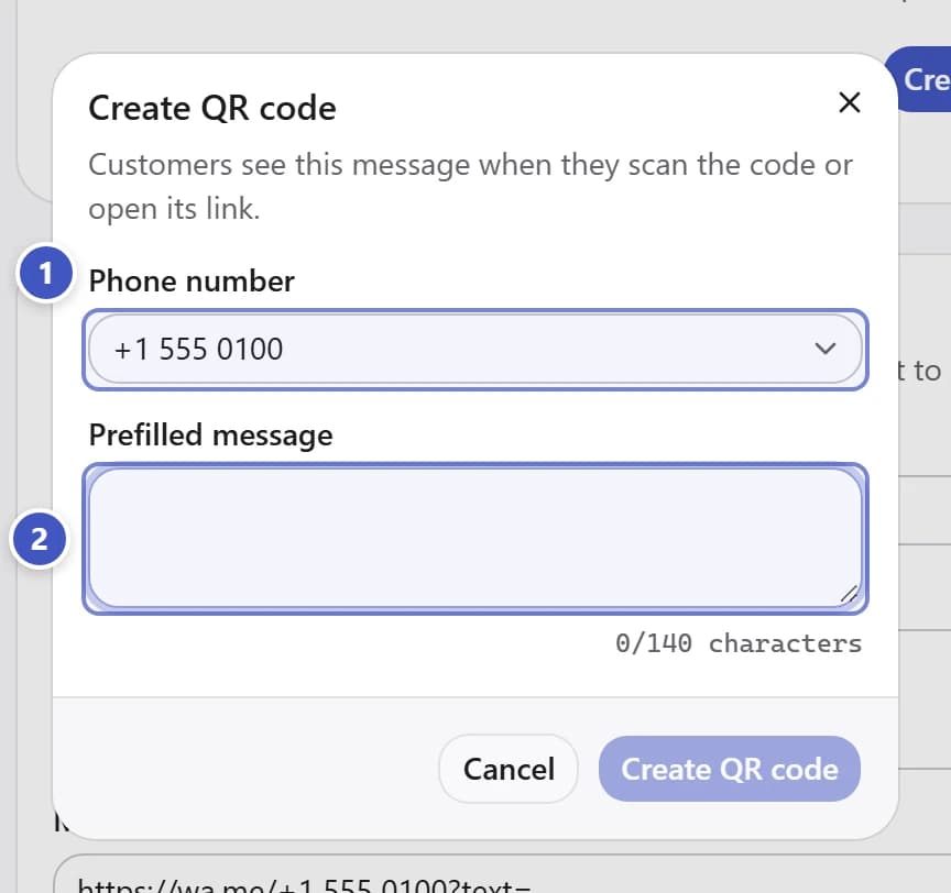 Create QR code dialog with Phone number marked 1 and Prefilled message marked 2