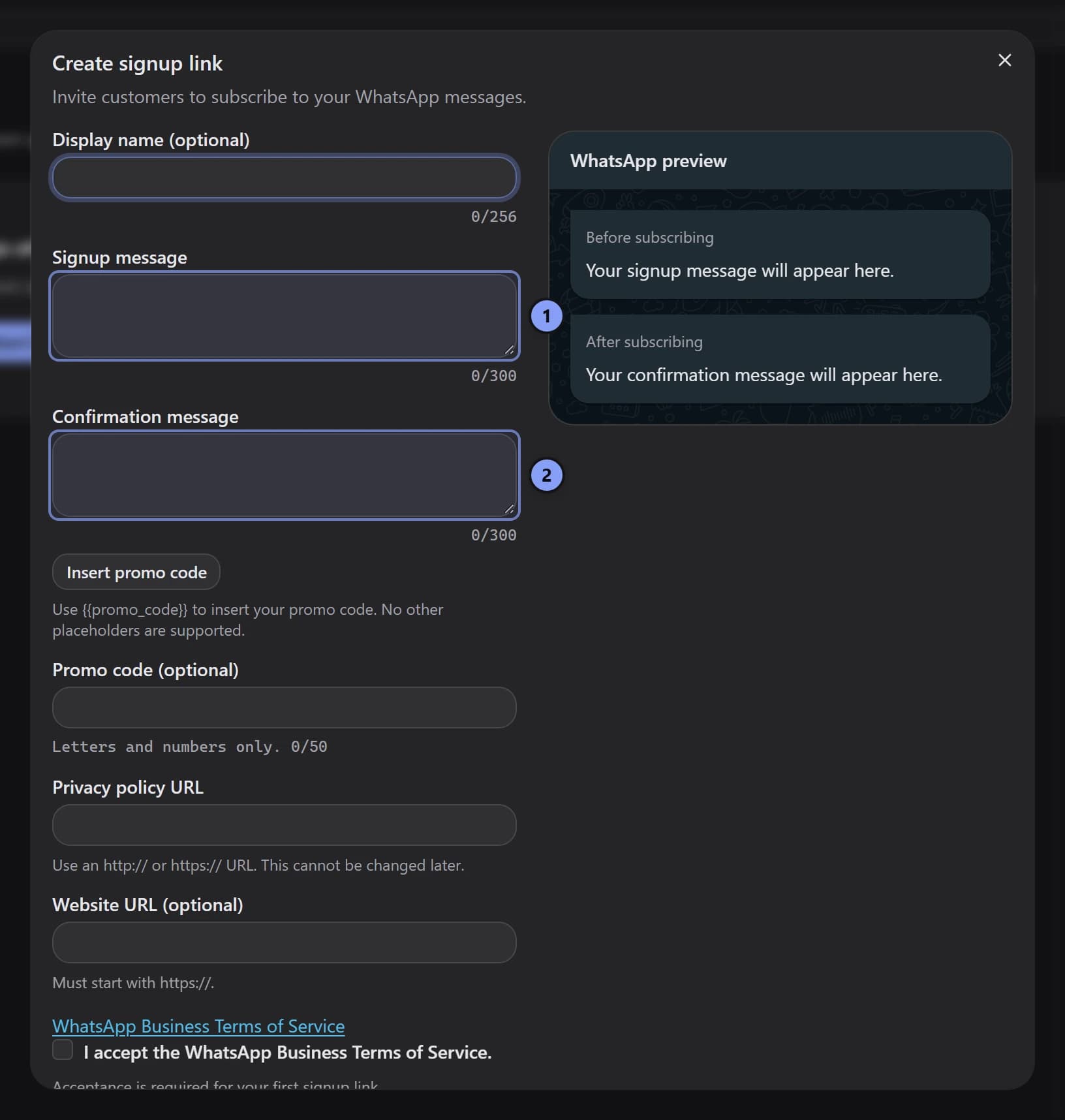 Create signup link dialog with Signup message marked 1 and Confirmation message marked 2