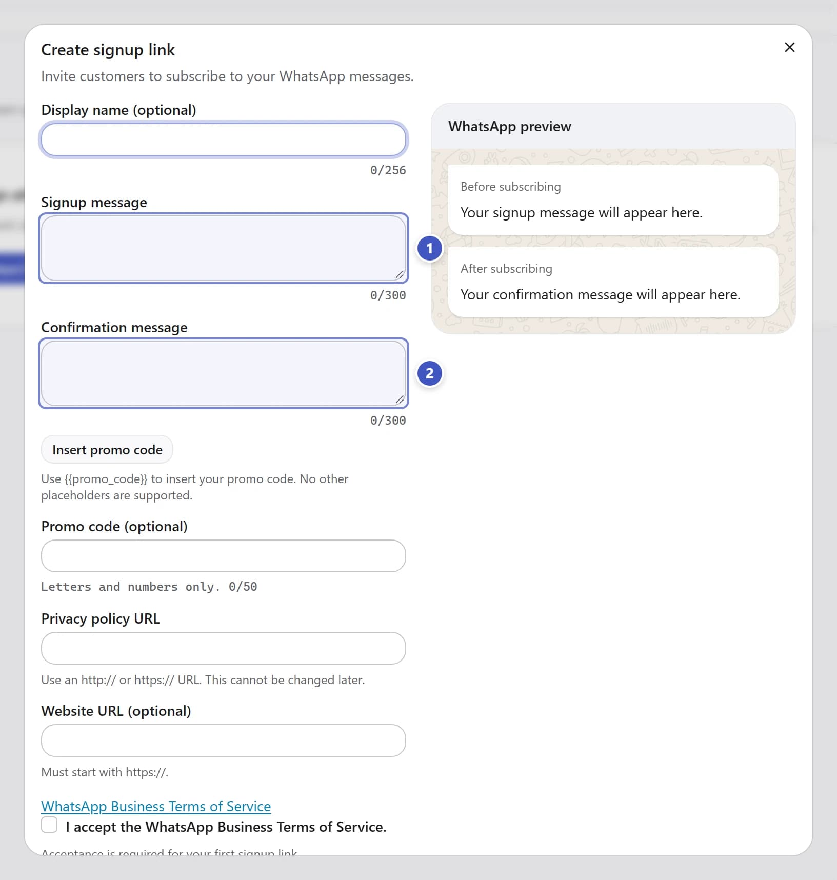 Create signup link dialog with Signup message marked 1 and Confirmation message marked 2