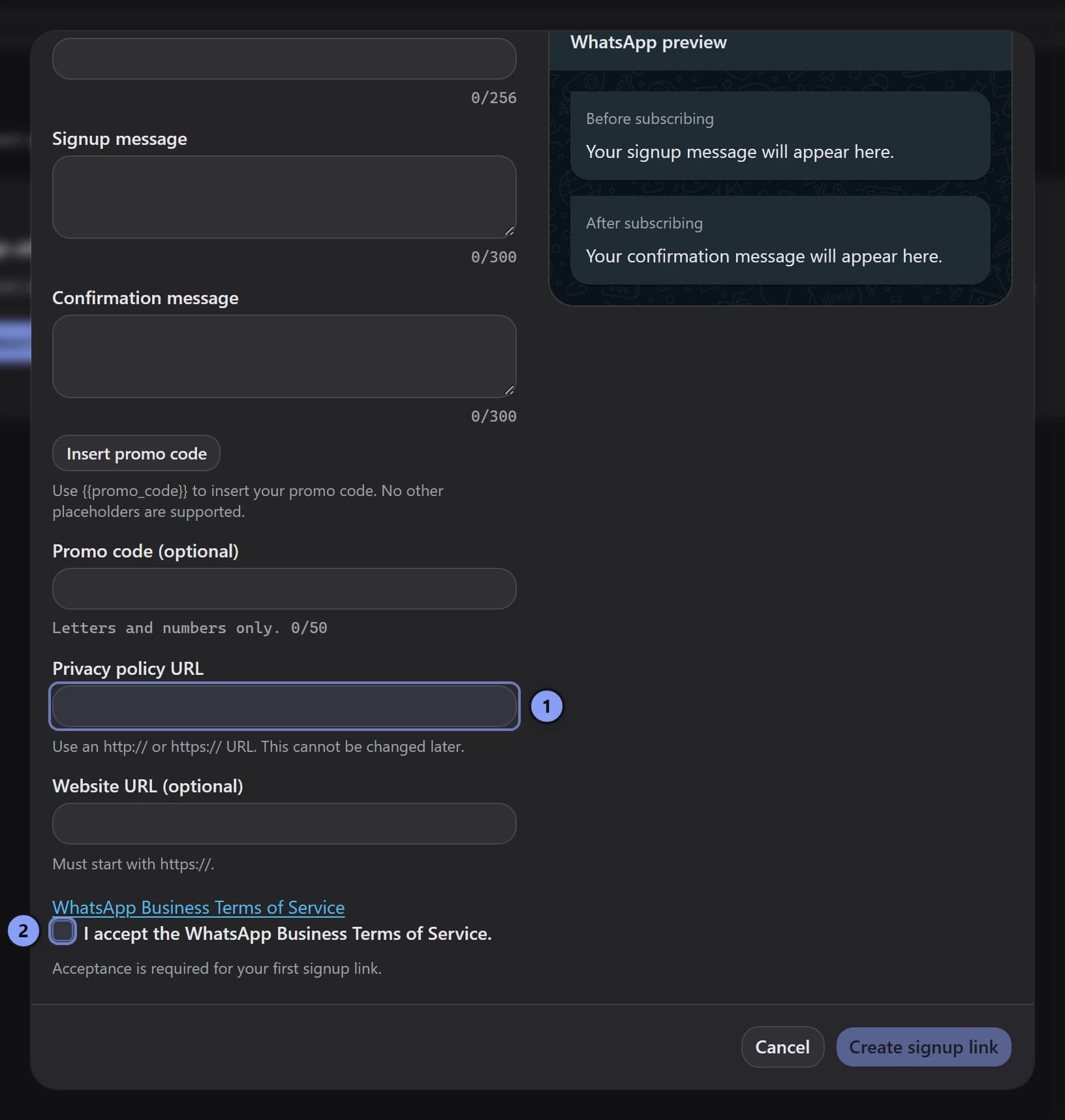 Signup link dialog scrolled to Privacy policy URL marked 1 and terms acceptance marked 2