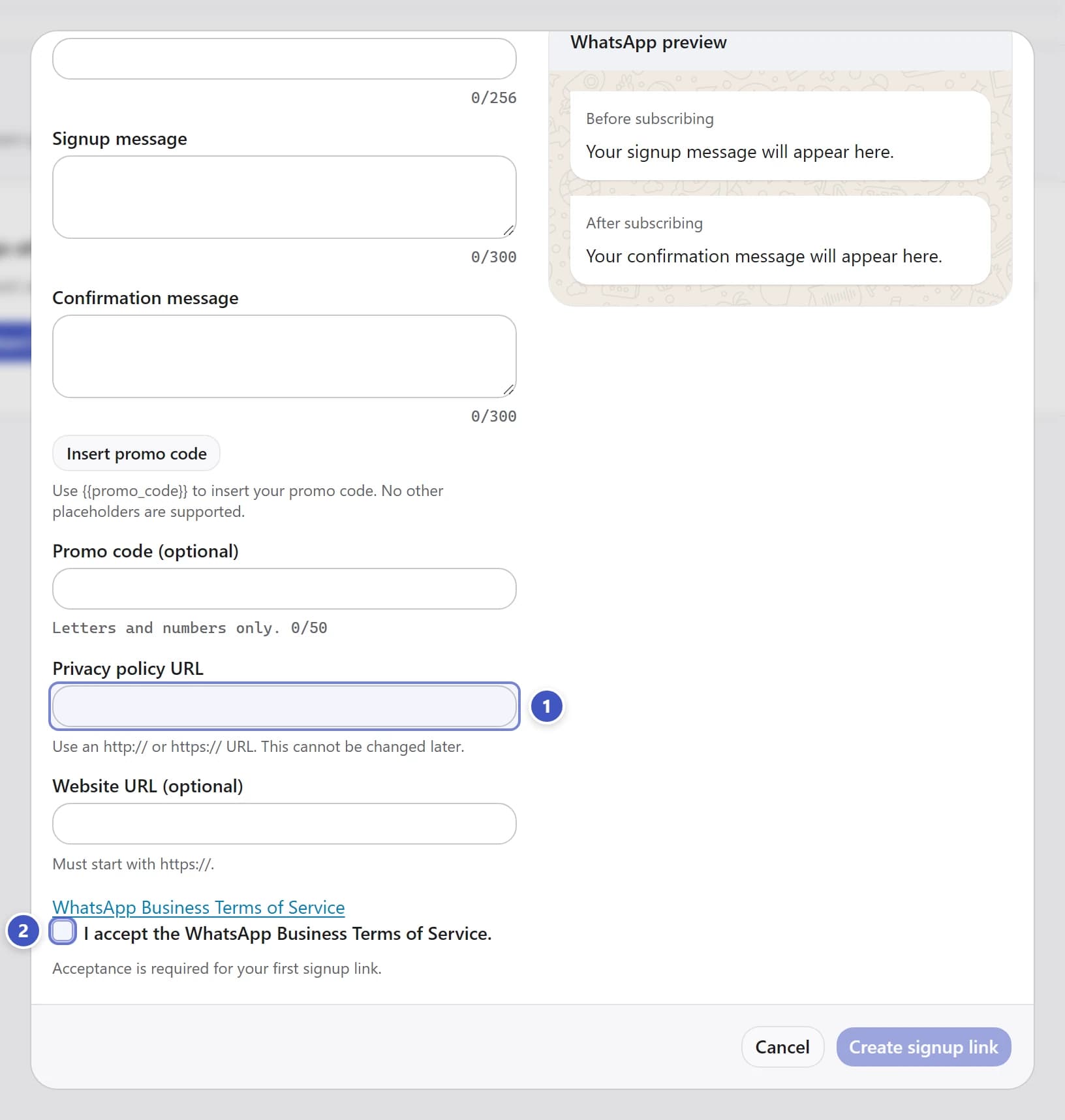 Signup link dialog scrolled to Privacy policy URL marked 1 and terms acceptance marked 2