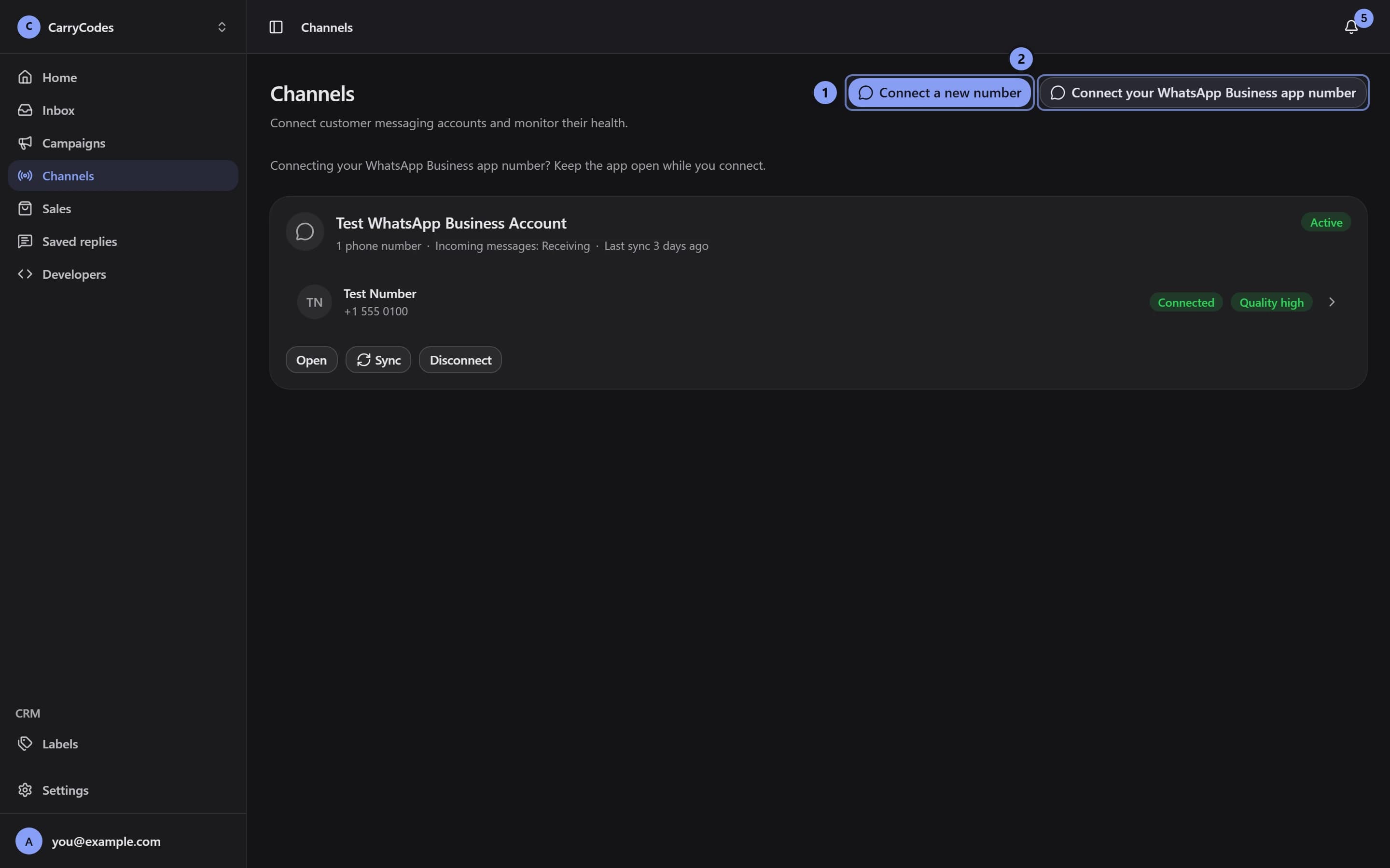 Channels page with Connect a new number marked 1 and Connect your WhatsApp Business app number marked 2