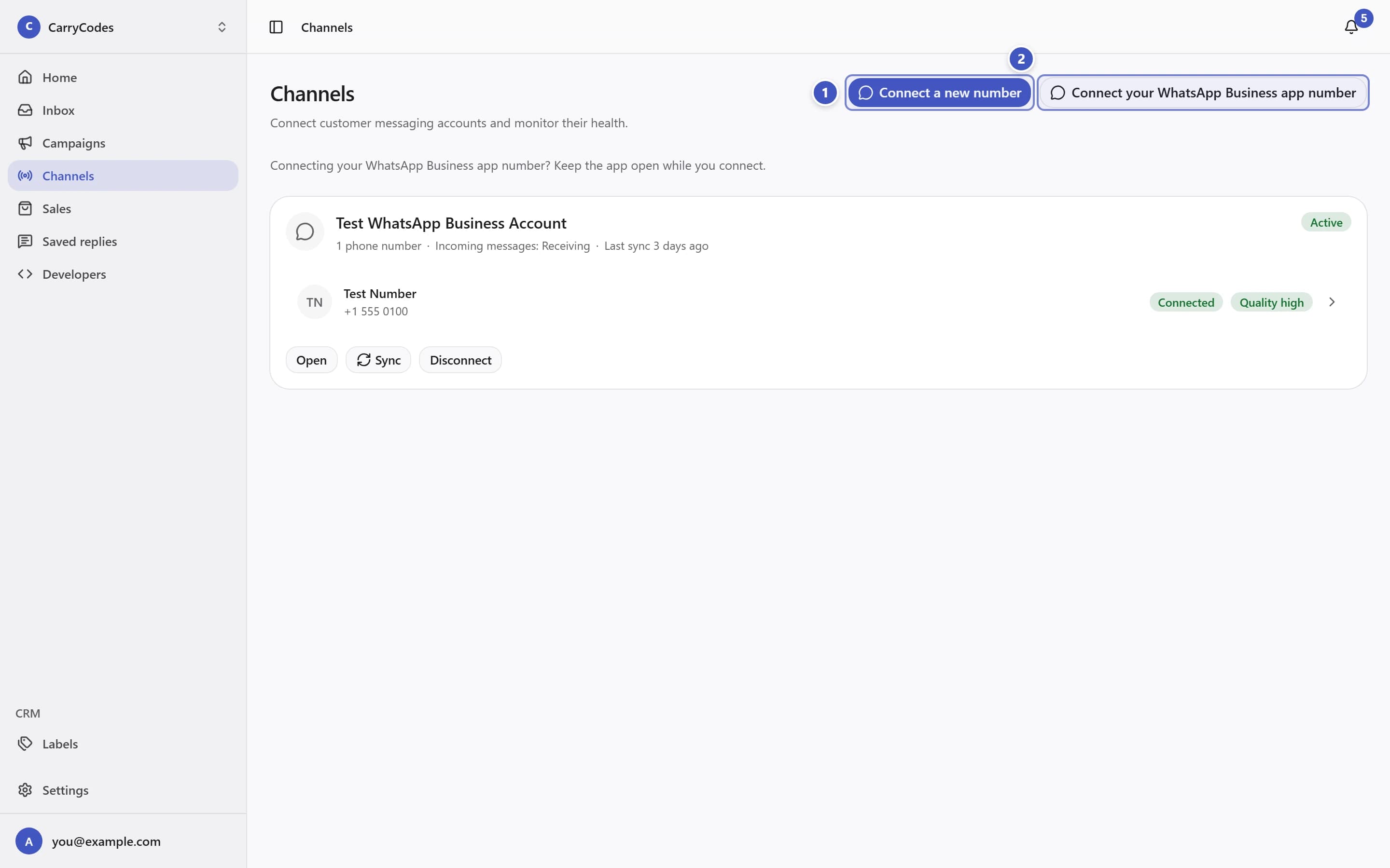 Channels page with Connect a new number marked 1 and Connect your WhatsApp Business app number marked 2