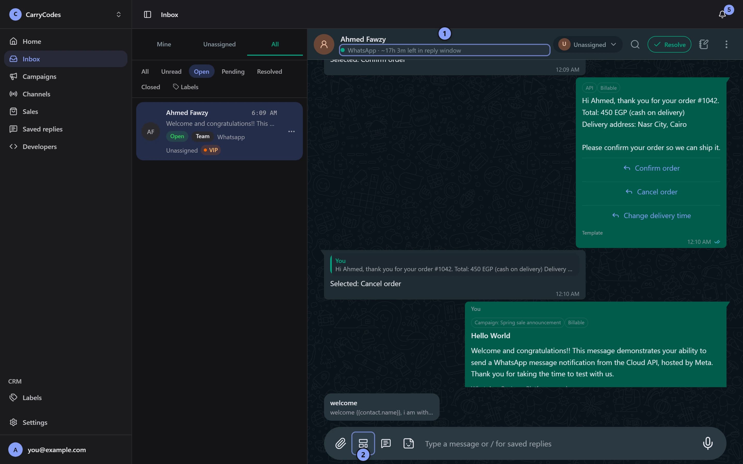 Conversation with the reply window status marked 1 and Templates button marked 2