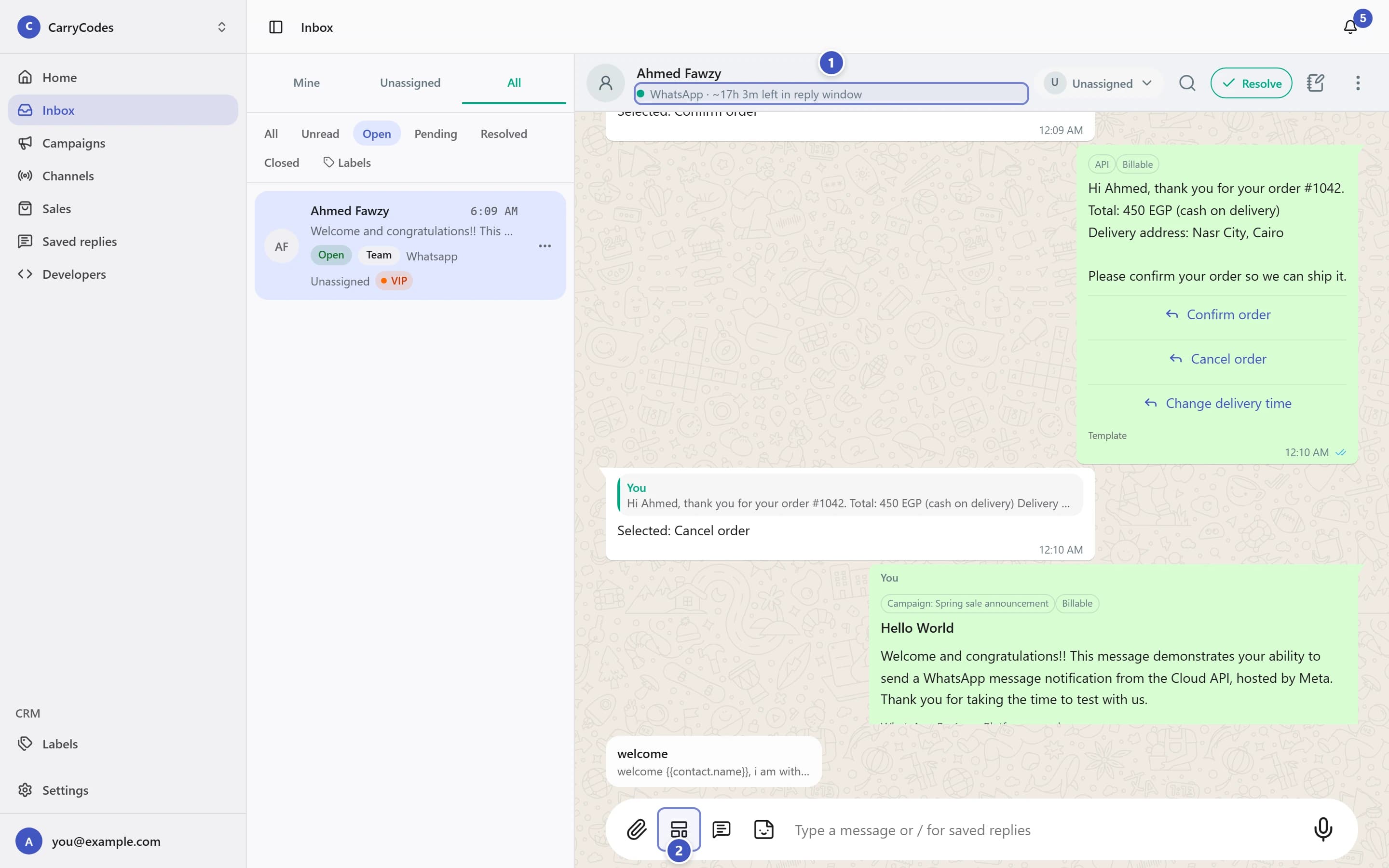 Conversation with the reply window status marked 1 and Templates button marked 2