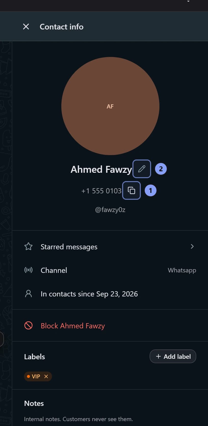 Contact info panel with Copy phone number marked 1 and Edit name marked 2