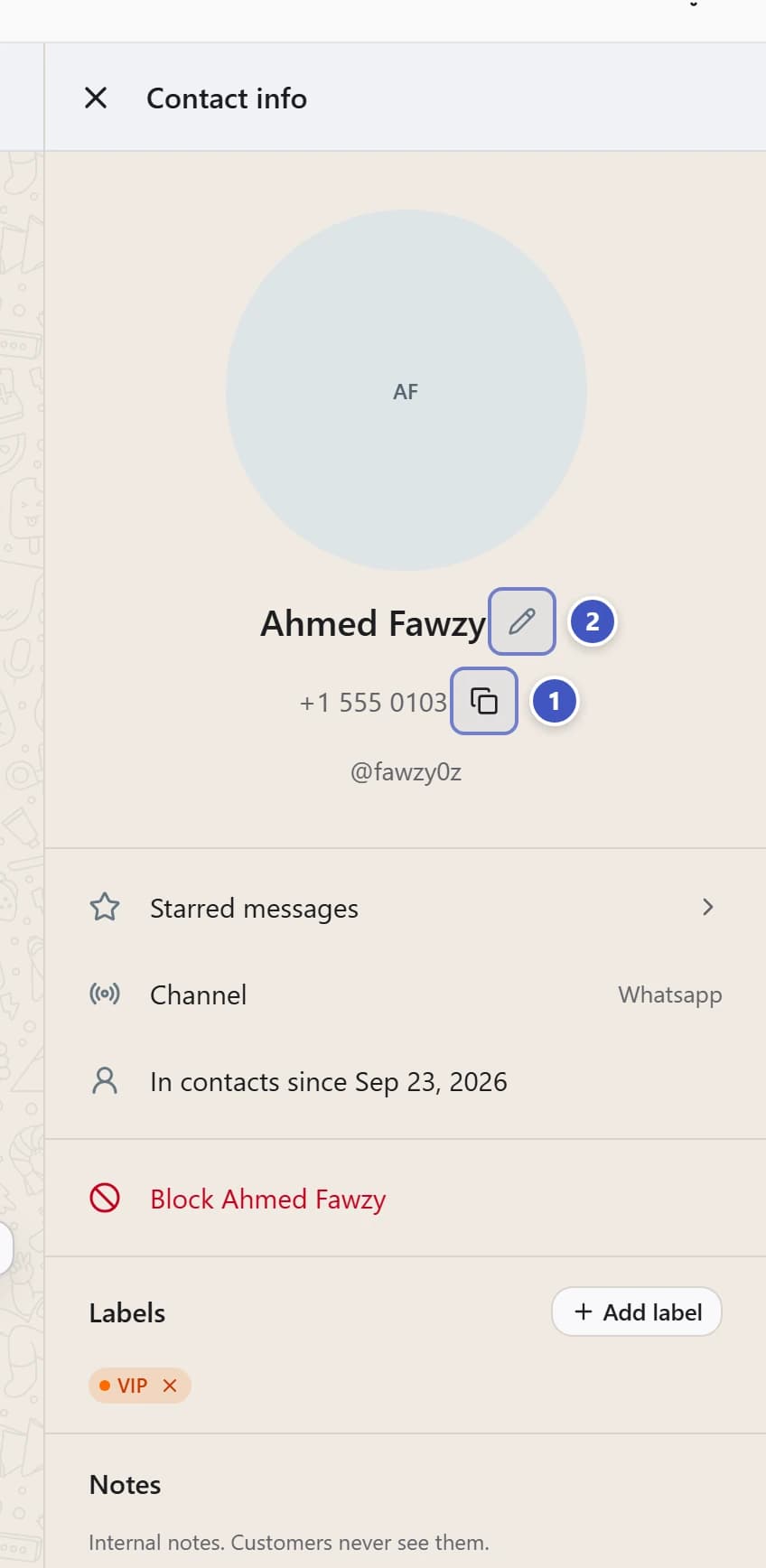 Contact info panel with Copy phone number marked 1 and Edit name marked 2