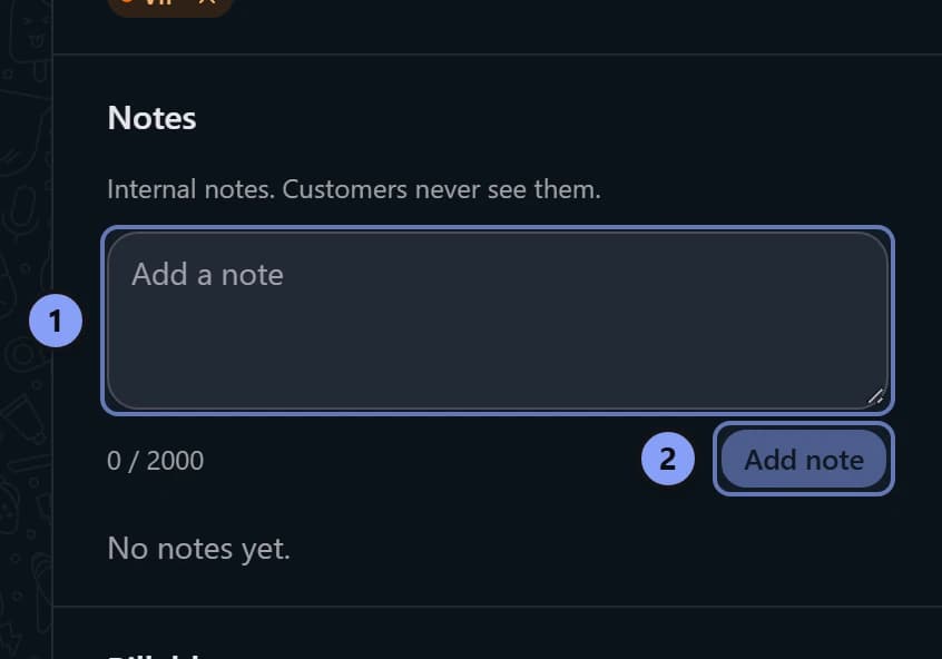 Notes section with Add a note marked 1 and Add note marked 2