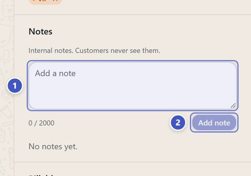 Notes section with Add a note marked 1 and Add note marked 2