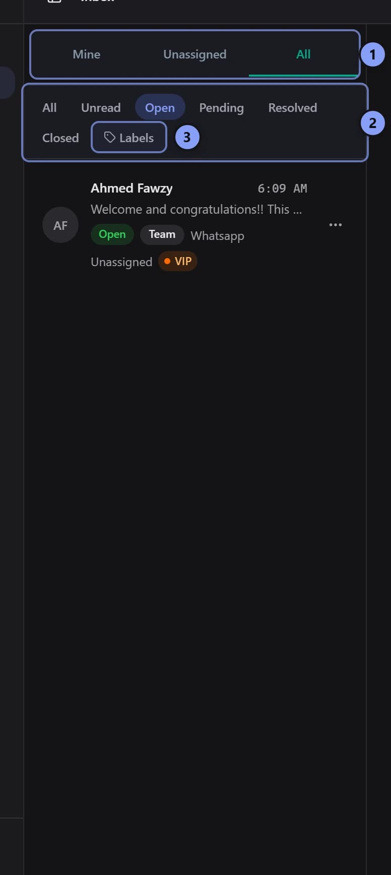 Conversation list with Team conversations marked 1, status filters marked 2, and Labels filter marked 3