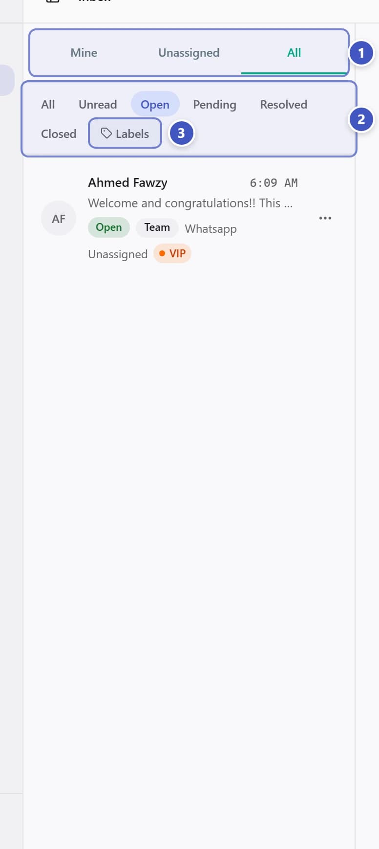 Conversation list with Team conversations marked 1, status filters marked 2, and Labels filter marked 3