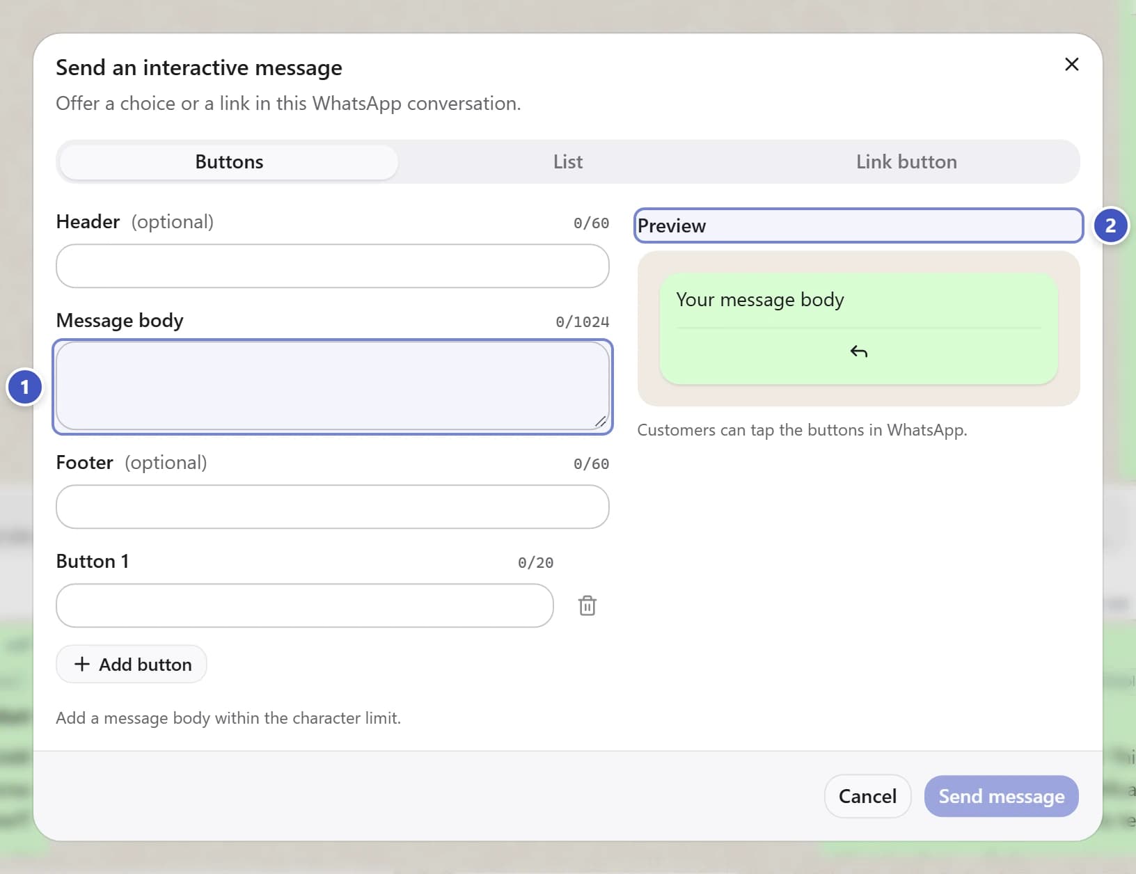 Send an interactive message dialog with Message body marked 1 and Preview marked 2