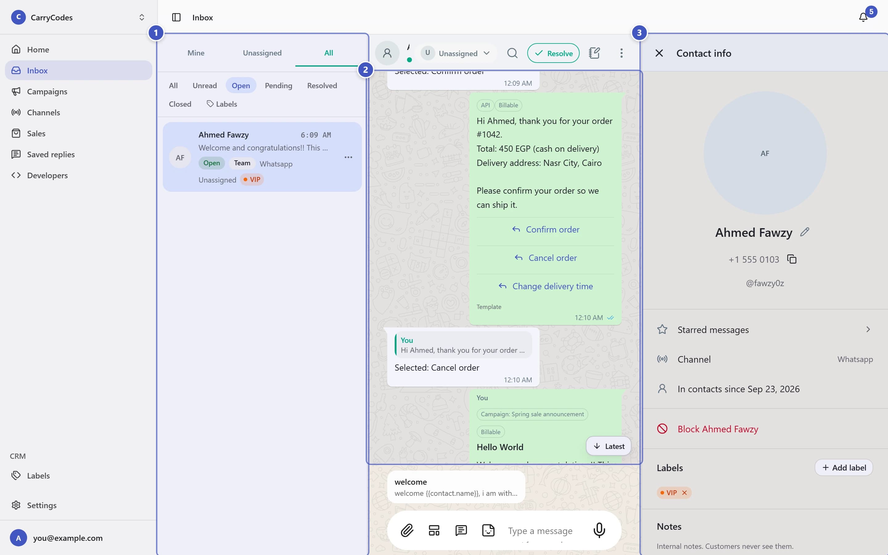 Inbox with the conversation list marked 1, message thread marked 2, and Contact info panel marked 3