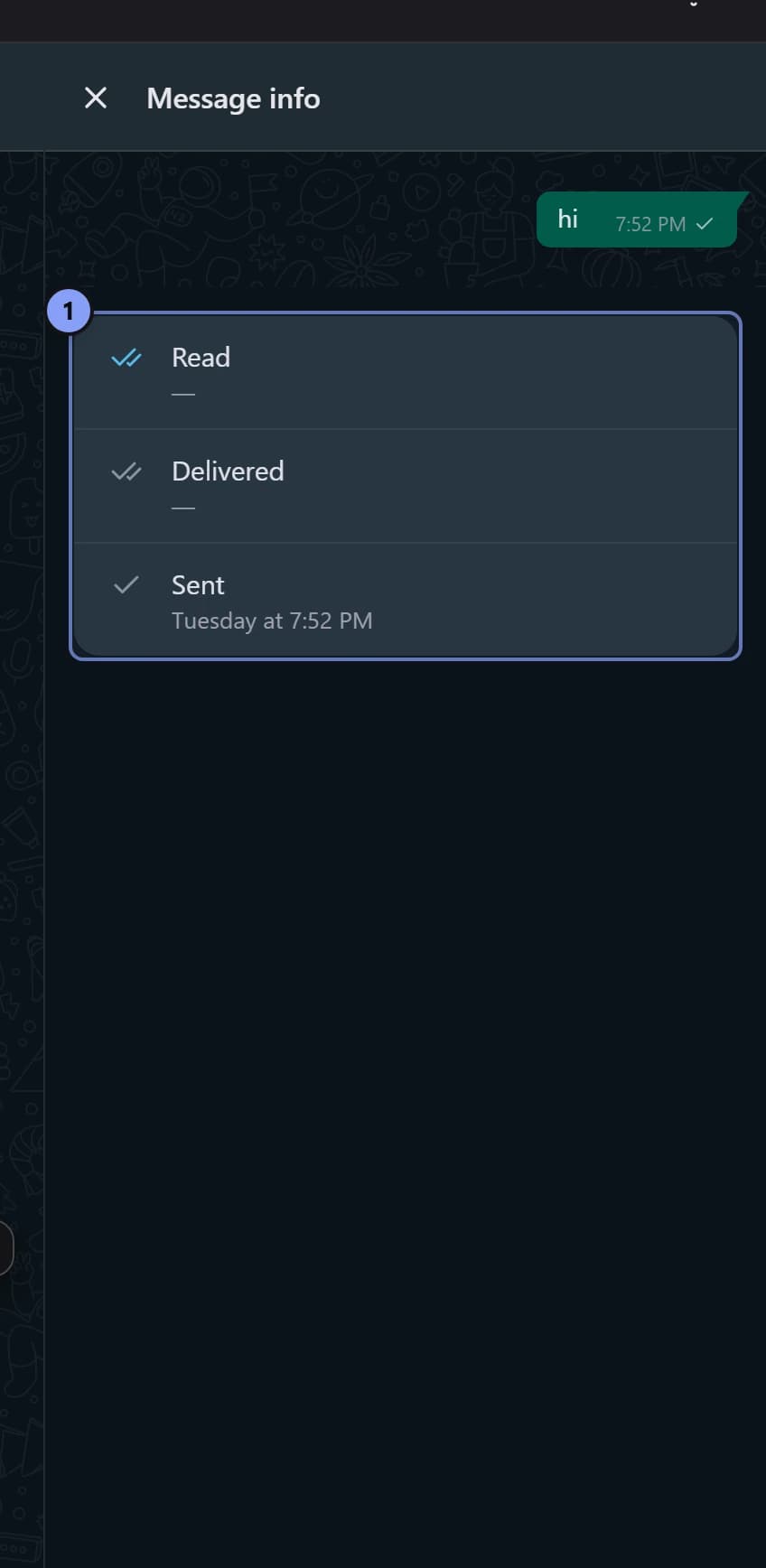 Message info panel with Delivery status marked 1