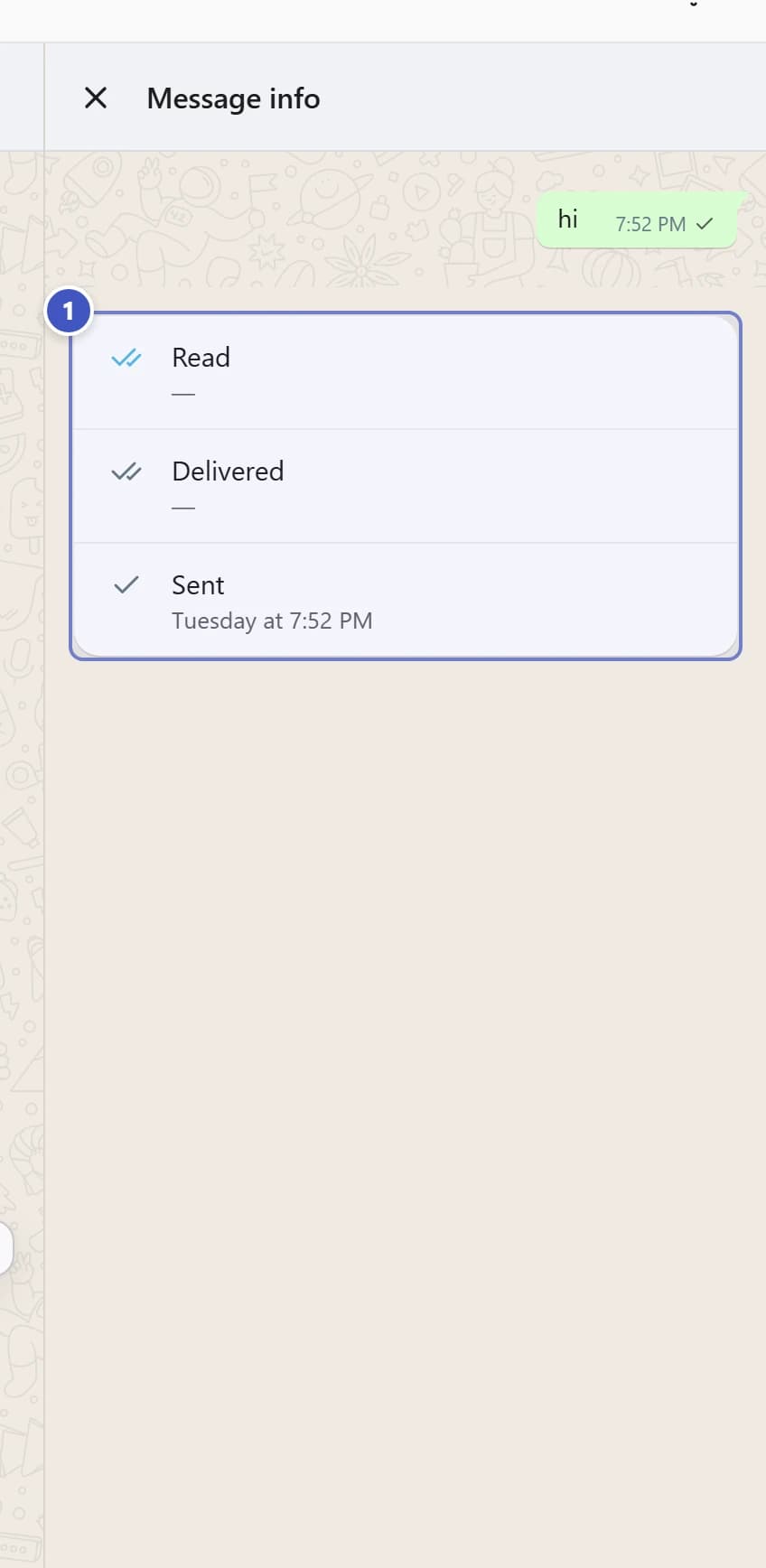 Message info panel with Delivery status marked 1