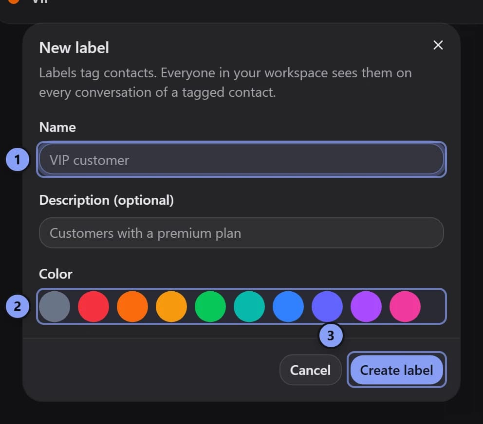New label dialog with Name marked 1, Color marked 2, and Create label marked 3
