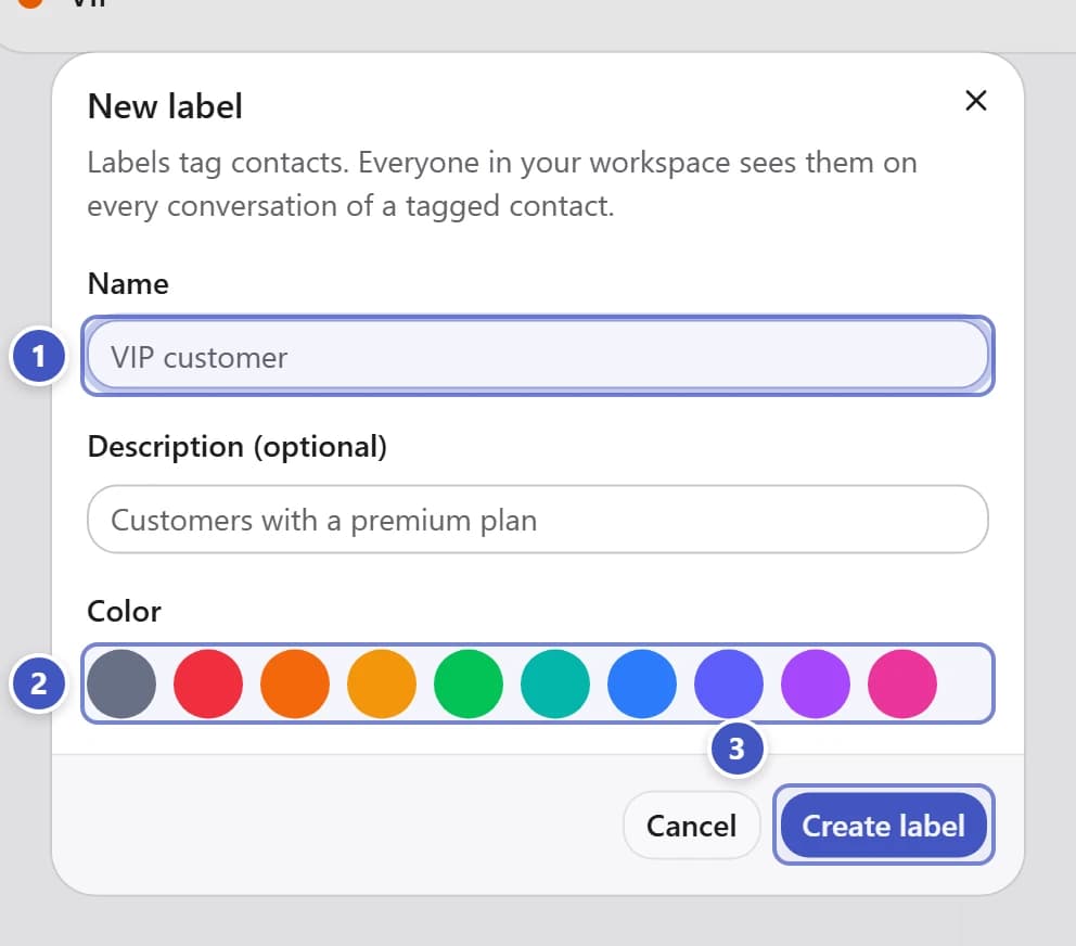 New label dialog with Name marked 1, Color marked 2, and Create label marked 3