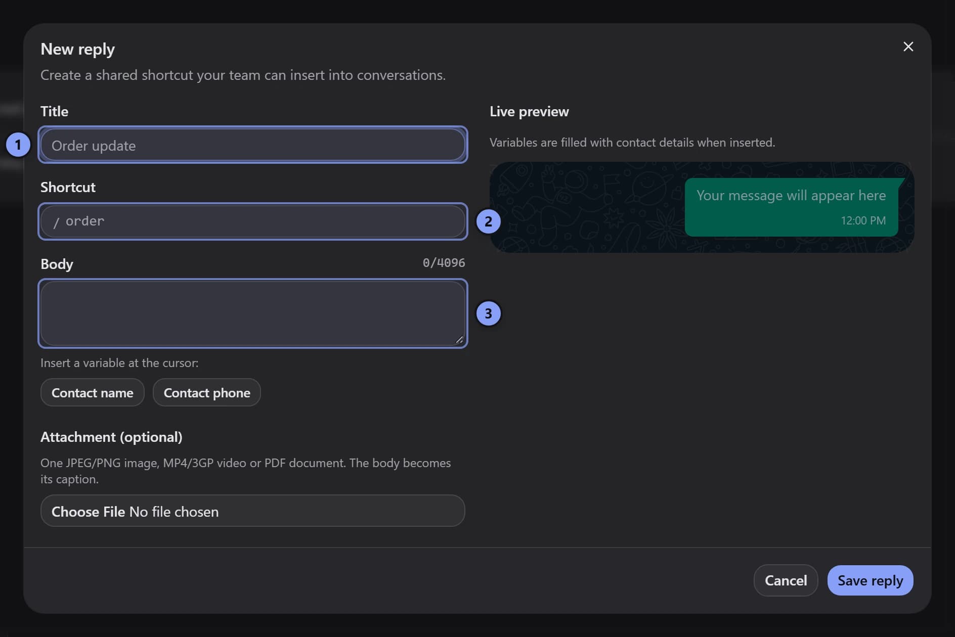 New reply dialog with Title marked 1, Shortcut marked 2, and Body marked 3