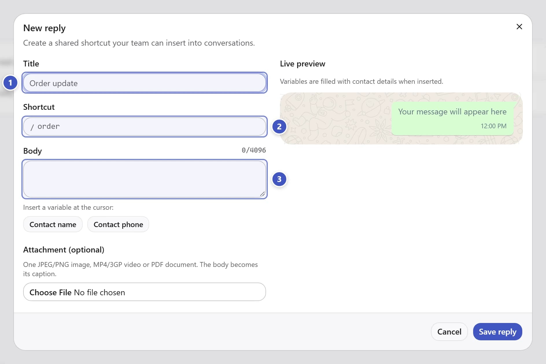 New reply dialog with Title marked 1, Shortcut marked 2, and Body marked 3