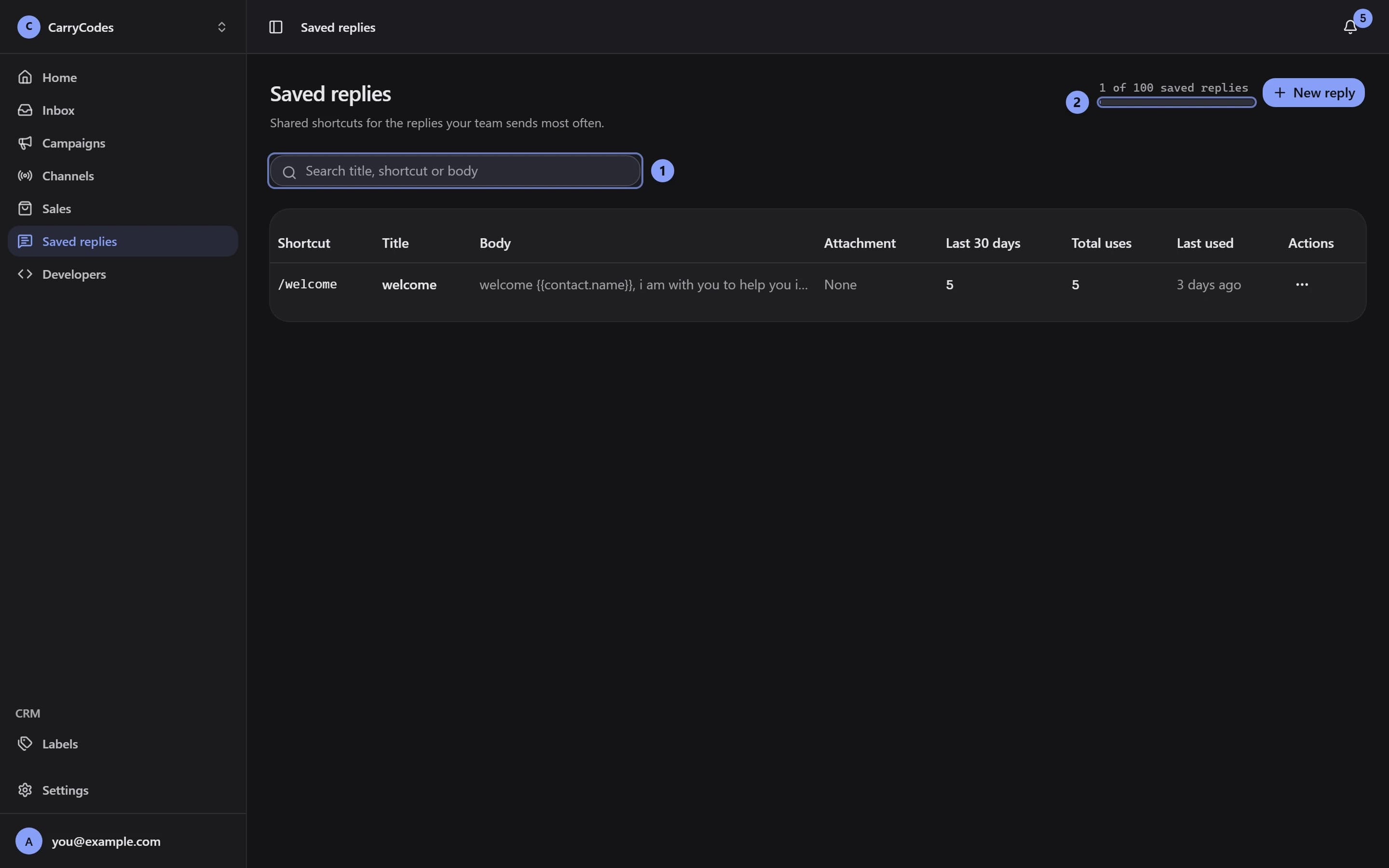 Saved replies page with Search saved replies marked 1 and Saved reply capacity marked 2